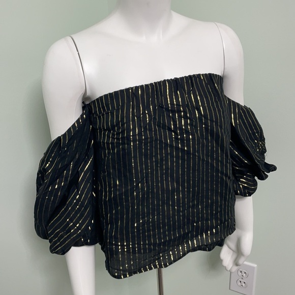 Zara | Gold Striped Puff Sleeve Off Shoulder Top - Picture 3 of 6